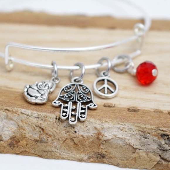 Buddha, Hamsa & Peace Sign - Adjustable Charm Bangle - Handcrafted - Picture 1 of 4
